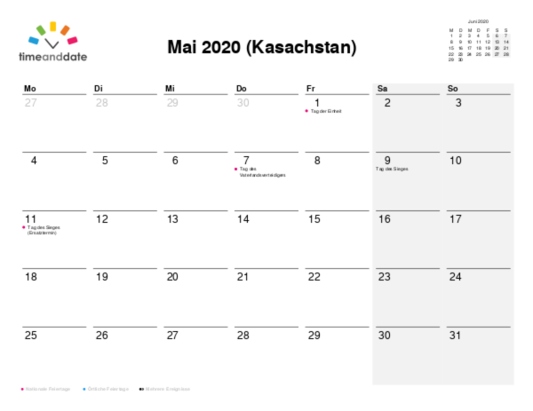 Kalender für 2020 in Kasachstan