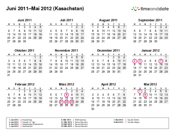 Kalender für 2011 in Kasachstan
