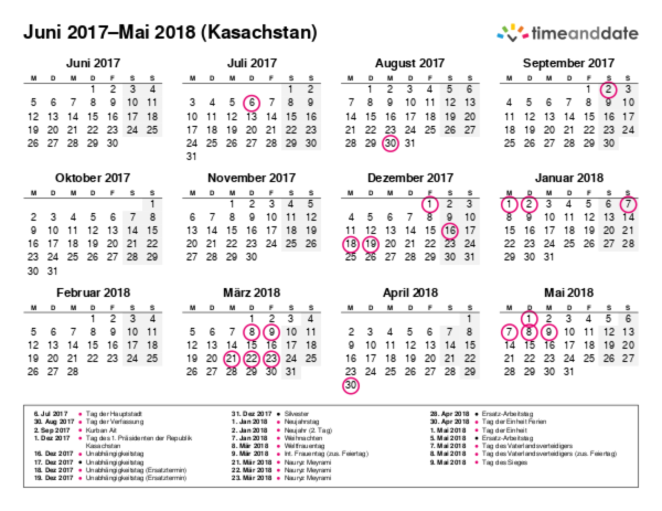 Kalender für 2017 in Kasachstan