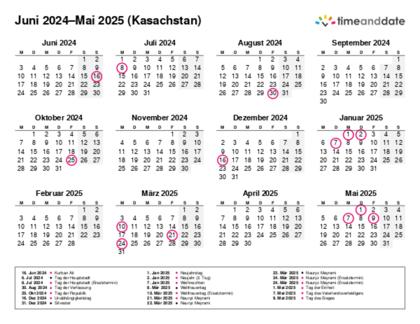 Kalender für 2024 in Kasachstan