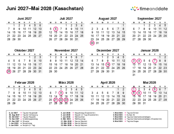 Kalender für 2027 in Kasachstan