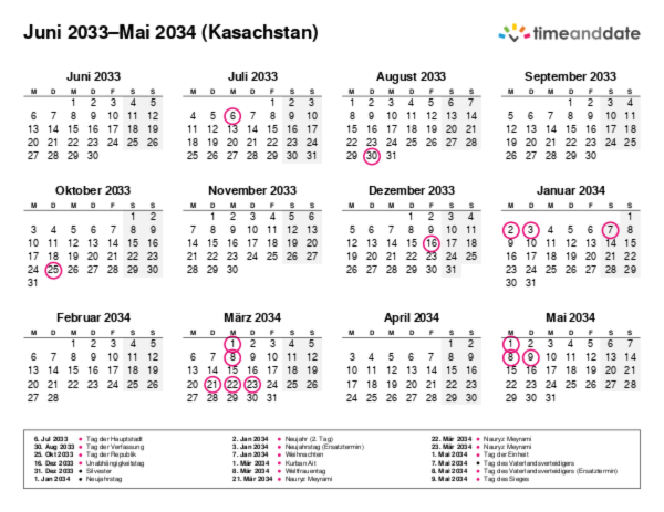 Kalender für 2033 in Kasachstan