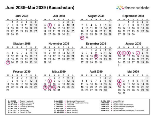 Kalender für 2038 in Kasachstan
