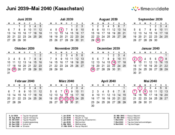Kalender für 2039 in Kasachstan