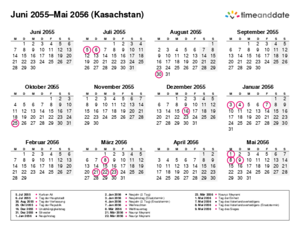 Kalender für 2055 in Kasachstan