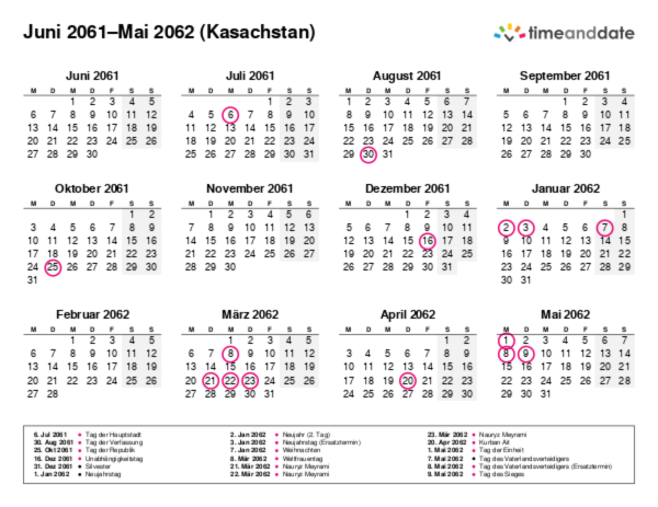 Kalender für 2061 in Kasachstan