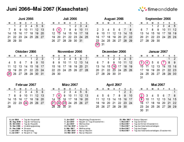 Kalender für 2066 in Kasachstan