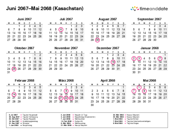 Kalender für 2067 in Kasachstan