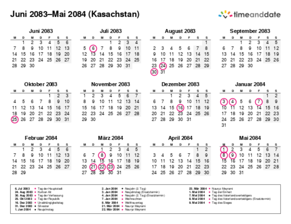 Kalender für 2083 in Kasachstan