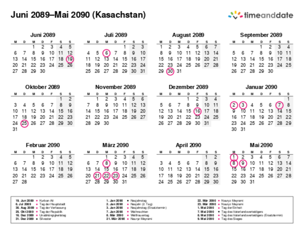 Kalender für 2089 in Kasachstan