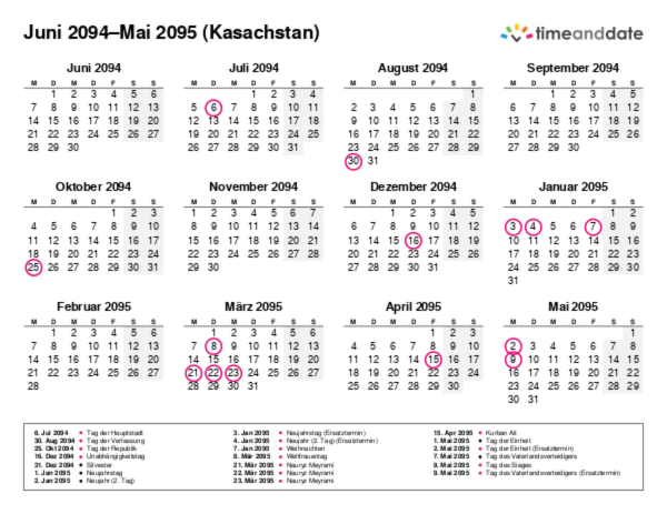 Kalender für 2094 in Kasachstan