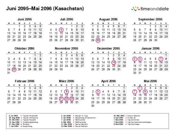 Kalender für 2095 in Kasachstan