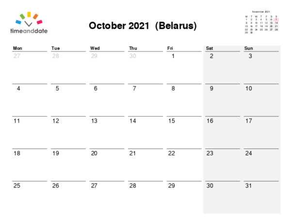 Kalender für 2021 in Weißrussland