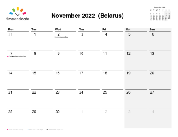 Kalender für 2022 in Weißrussland