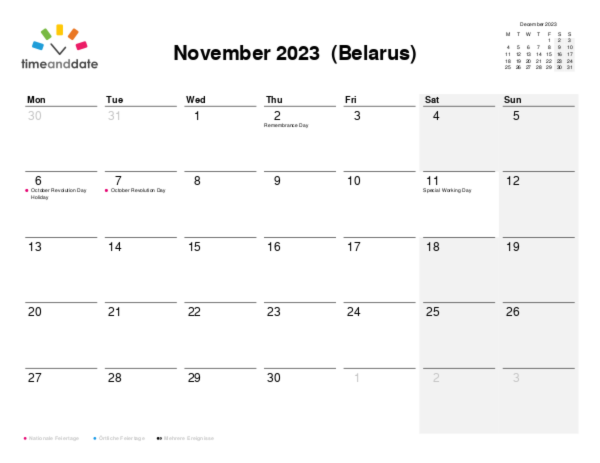 Kalender für 2023 in Weißrussland