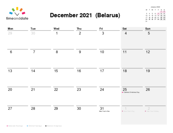 Kalender für 2021 in Weißrussland