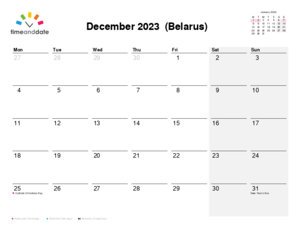 Kalender für 2023 in Weißrussland