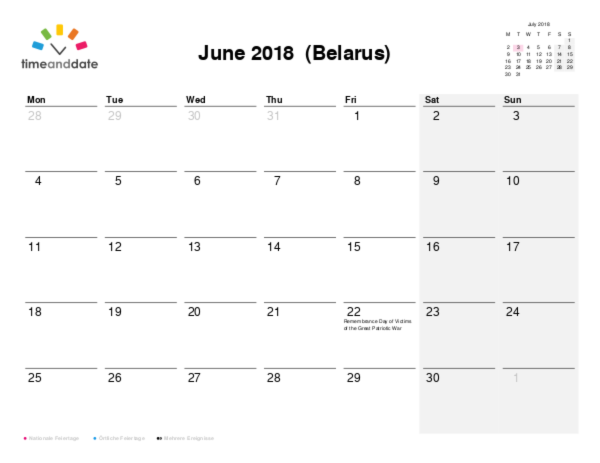 Kalender für 2018 in Weißrussland