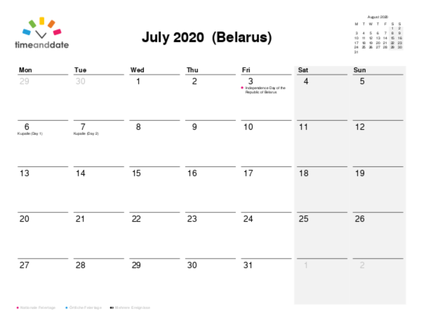 Kalender für 2020 in Weißrussland