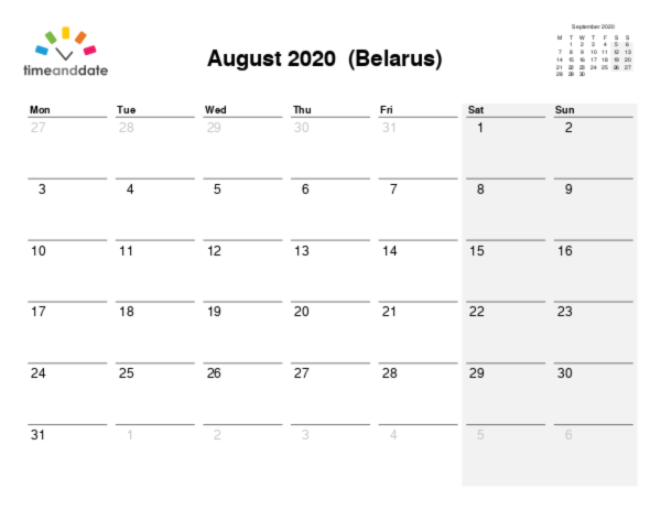 Kalender für 2020 in Weißrussland