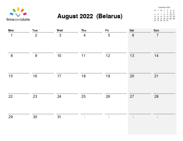 Kalender für 2022 in Weißrussland