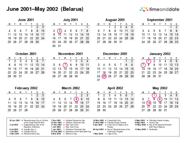 Kalender für 2001 in Weißrussland
