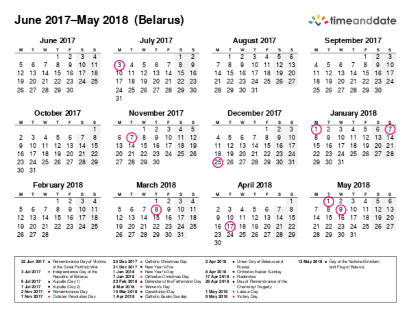 Kalender für 2017 in Weißrussland