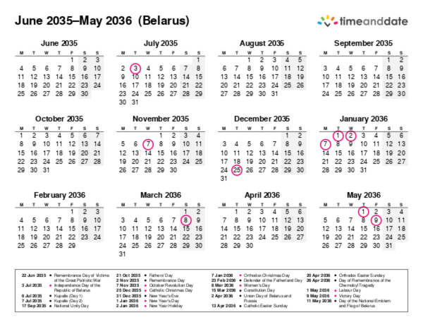 Kalender für 2035 in Weißrussland