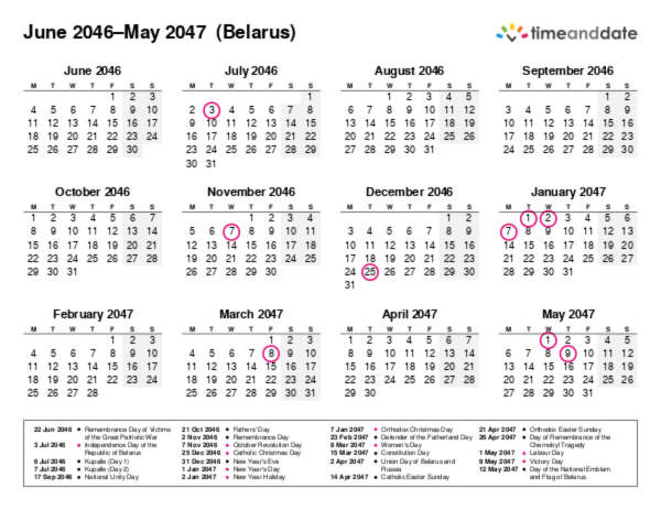 Kalender für 2046 in Weißrussland