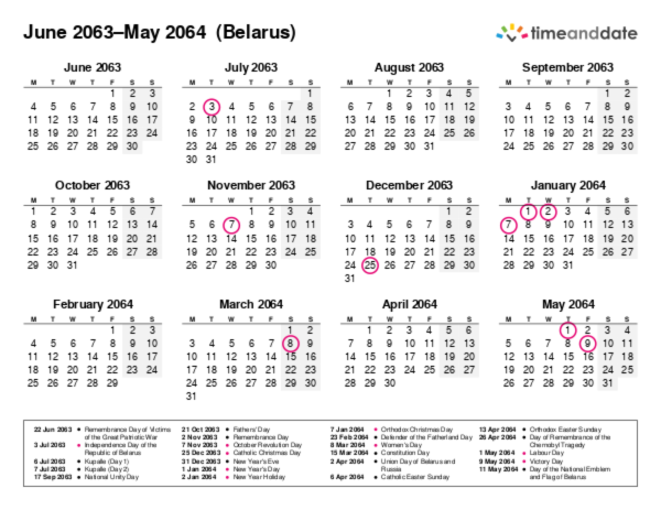 Kalender für 2063 in Weißrussland