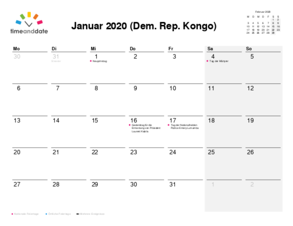 Kalender für 2020 in Dem. Rep. Kongo