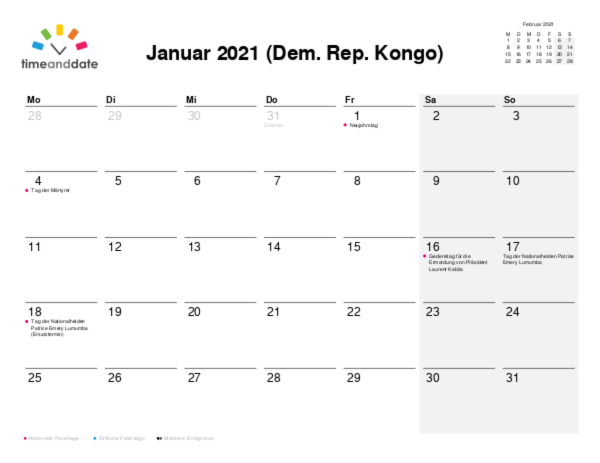 Kalender für 2021 in Dem. Rep. Kongo