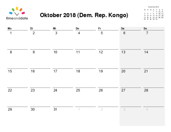 Kalender für 2018 in Dem. Rep. Kongo