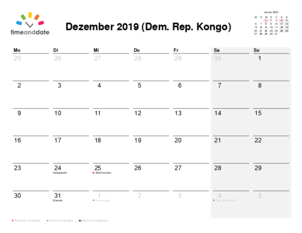Kalender für 2019 in Dem. Rep. Kongo