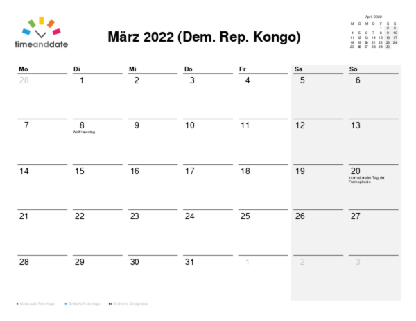 Kalender für 2022 in Dem. Rep. Kongo