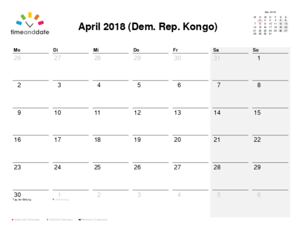 Kalender für 2018 in Dem. Rep. Kongo