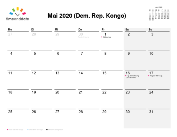 Kalender für 2020 in Dem. Rep. Kongo