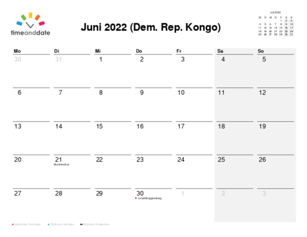Kalender für 2022 in Dem. Rep. Kongo