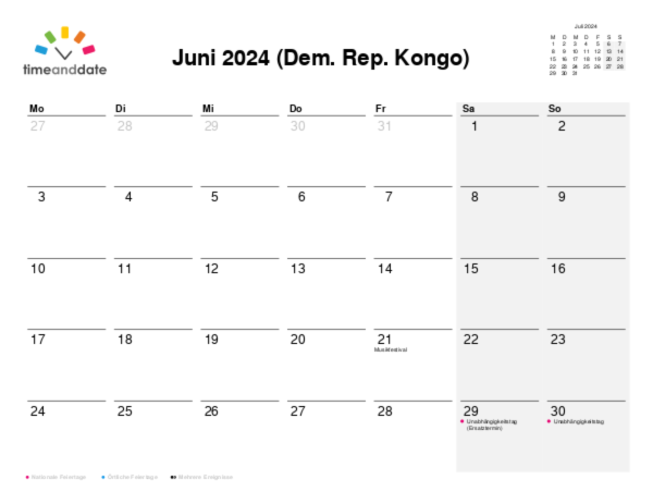 Kalender für 2024 in Dem. Rep. Kongo