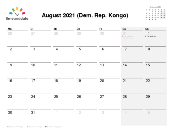 Kalender für 2021 in Dem. Rep. Kongo
