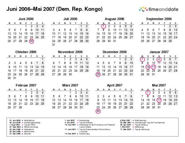 Kalender für 2006 in Dem. Rep. Kongo