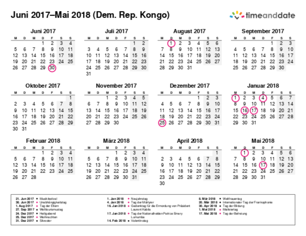 Kalender für 2017 in Dem. Rep. Kongo
