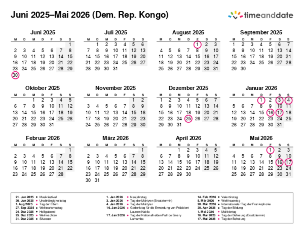 Kalender für 2025 in Dem. Rep. Kongo