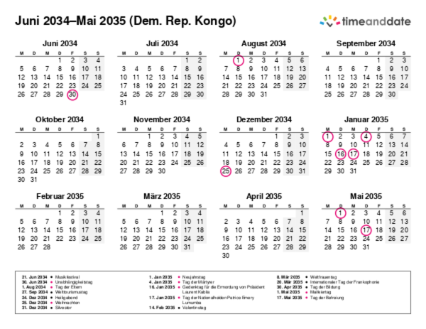 Kalender für 2034 in Dem. Rep. Kongo