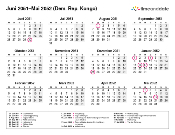 Kalender für 2051 in Dem. Rep. Kongo