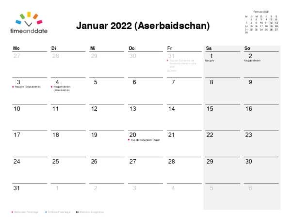 Kalender für 2022 in Aserbaidschan