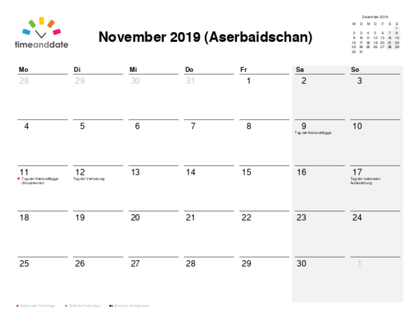Kalender für 2019 in Aserbaidschan