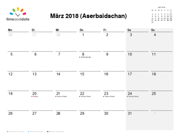 Kalender für 2018 in Aserbaidschan