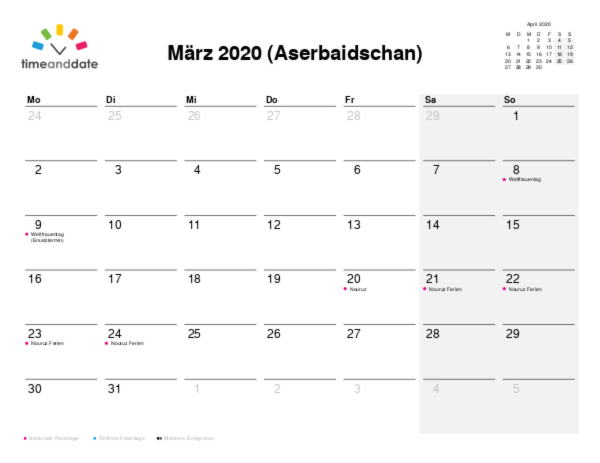 Kalender für 2020 in Aserbaidschan