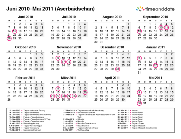 Kalender für 2010 in Aserbaidschan